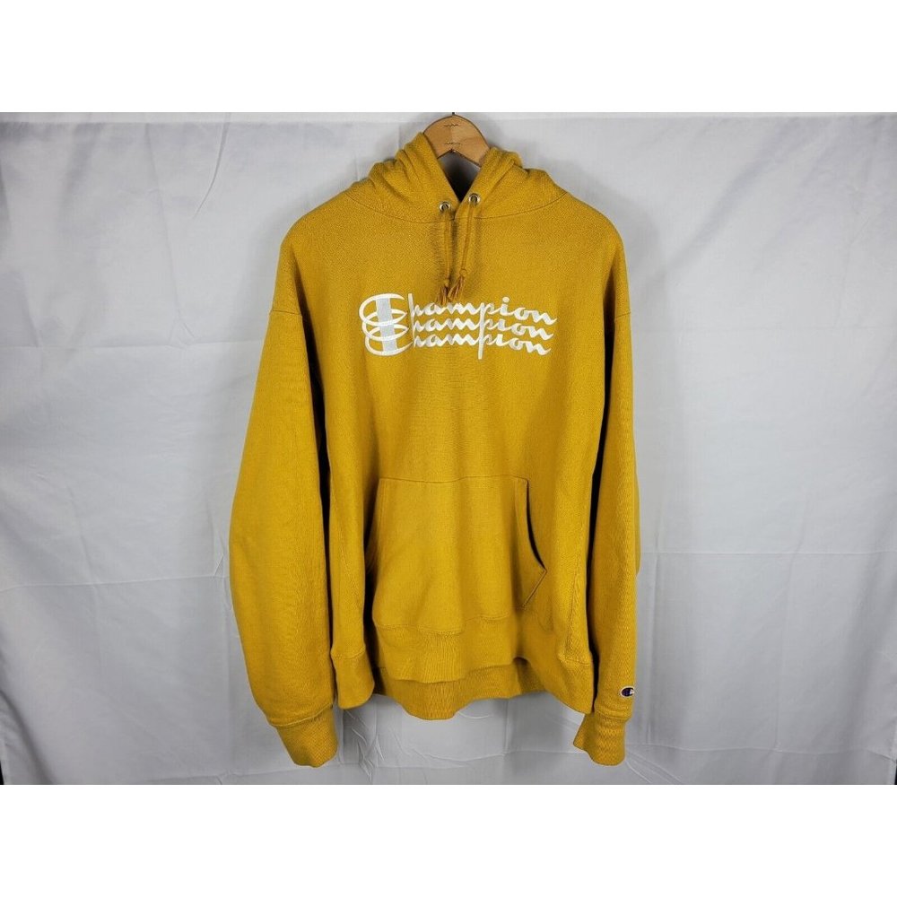 Champion Reverse Weave Embroidered Pullover Hoodie Sweater Mens Size XL Yellow - Picture 1 of 4